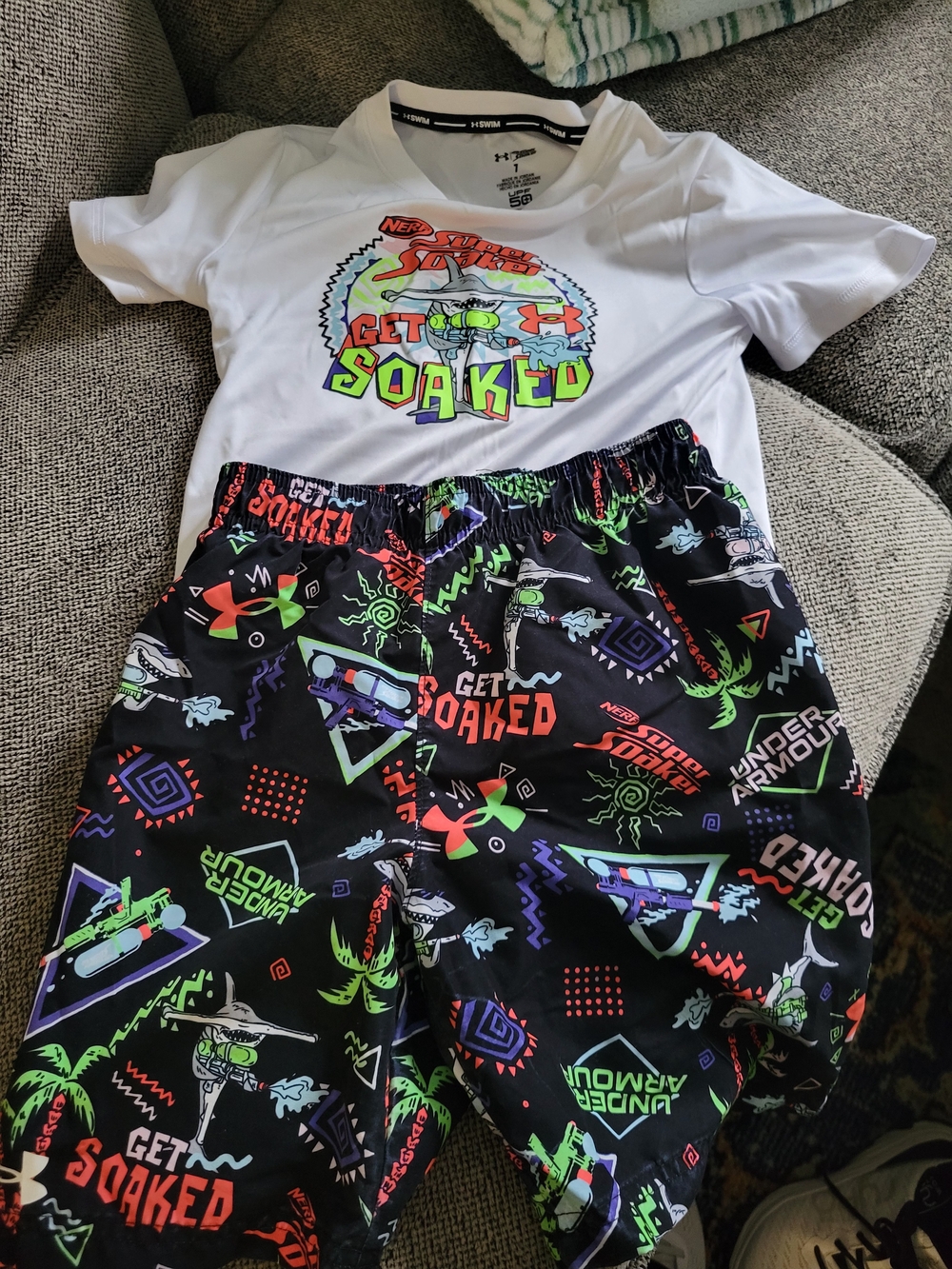 Under Armour White Rash Guard & Black Neon Graphic Swim Shorts
